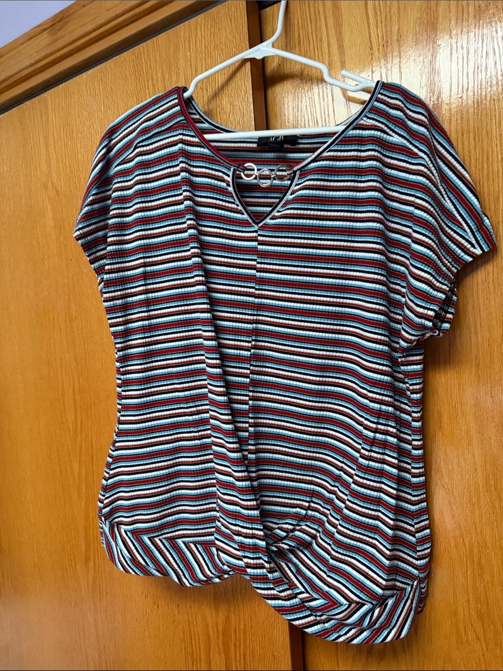 Atmosphere Multistripe Twist-Hem Short Sleeve Top - Red, Blue & White